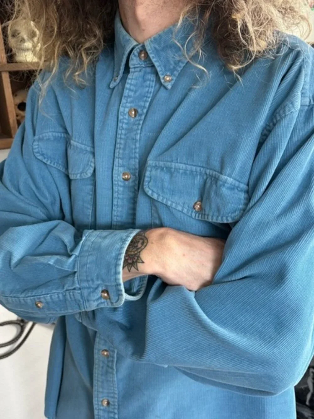 Vintage 90s Light Blue Corduroy Long Sleeve Button Down Lands' End ~ Size XL - Picture 5 of 9